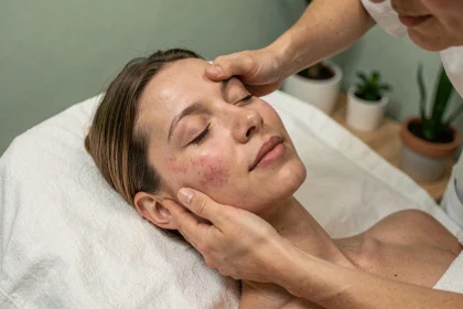 Femme recevant un massage facial professionnel dans un spa minimaliste aux murs verts, peau naturelle et sereine