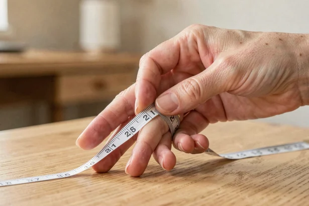 Femme mesurant son tour de doigt avec un mètre ruban en papier sur une table en bois