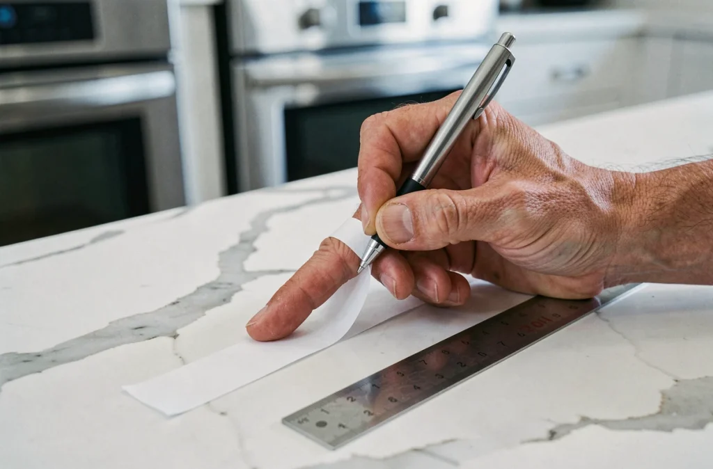 Homme mesurant son tour de doigt avec une bandelette de papier et une règle sur un plan de travail en marbre