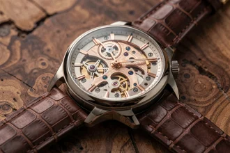 Montre de luxe en or rose avec tourbillon et cadran squelette sur bois de noyer, détail macro complication horlogère