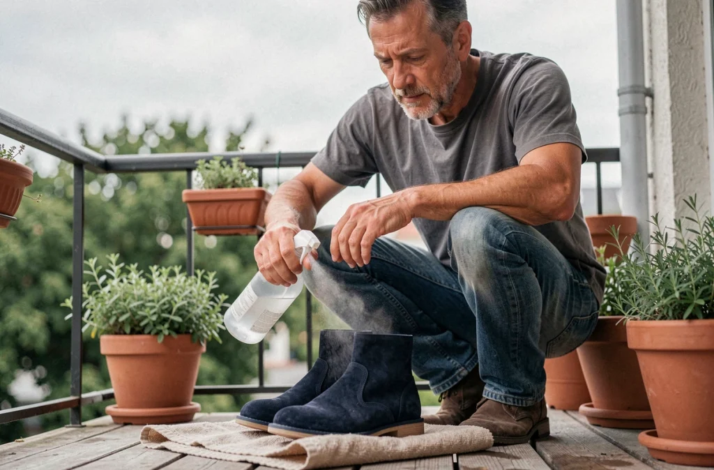 Homme appliquant une solution écologique au vinaigre blanc sur des chaussures en daim bleu marine sur un balcon avec plantes aromatiques