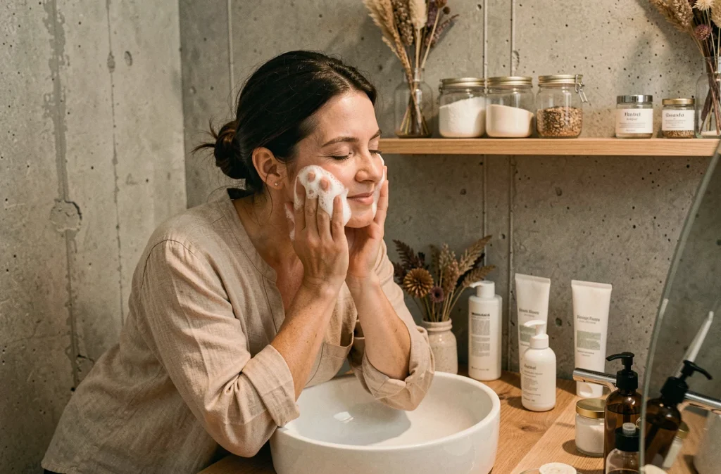 Femme nettoyant son visage avec un gel moussant dans une salle de bain naturelle, routine de soin pour éliminer la pollution urbaine