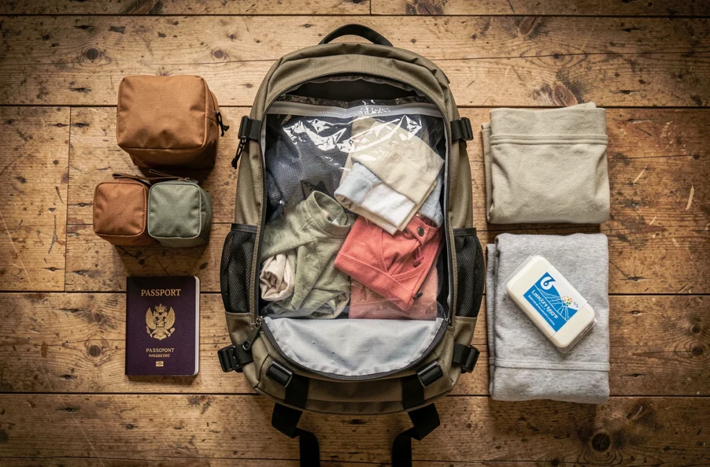 Flat lay de sac à dos de voyage ouvert avec sac hermétique pour vêtements sales, cubes de rangement et accessoires de voyage organisés