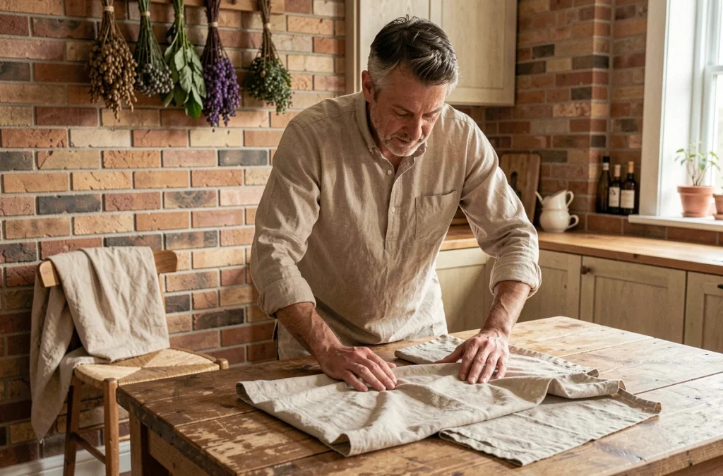 Homme pliant soigneusement un sarouel en lin beige sur une table en bois dans une cuisine rustique