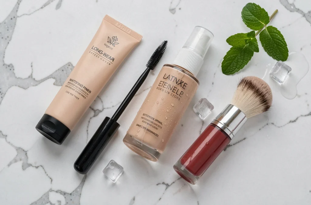 Flat lay de produits de maquillage longue tenue pour résister à la chaleur estivale posés sur marbre avec glaçons et menthe fraîche