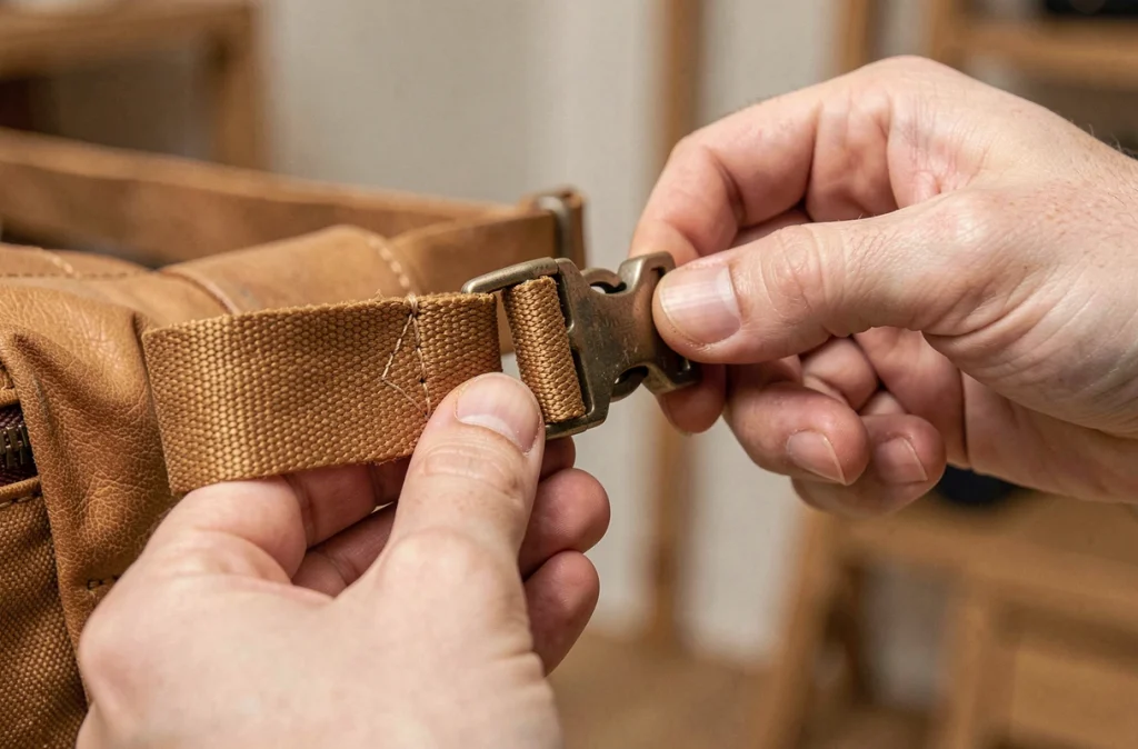Gros plan sur la boucle de réglage d'une sangle de sac banane en cuir tan, mains en train d'ajuster la longueur