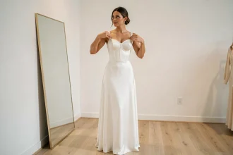 Femme en robe bustier longue blanche devant un miroir en boutique, silhouette entière visible pour illustrer les conseils de morphologie