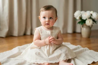 Bébé fille en robe de cérémonie ivoire brodée assise sur un plaid en lin crème, détails smocks et dentelle visibles