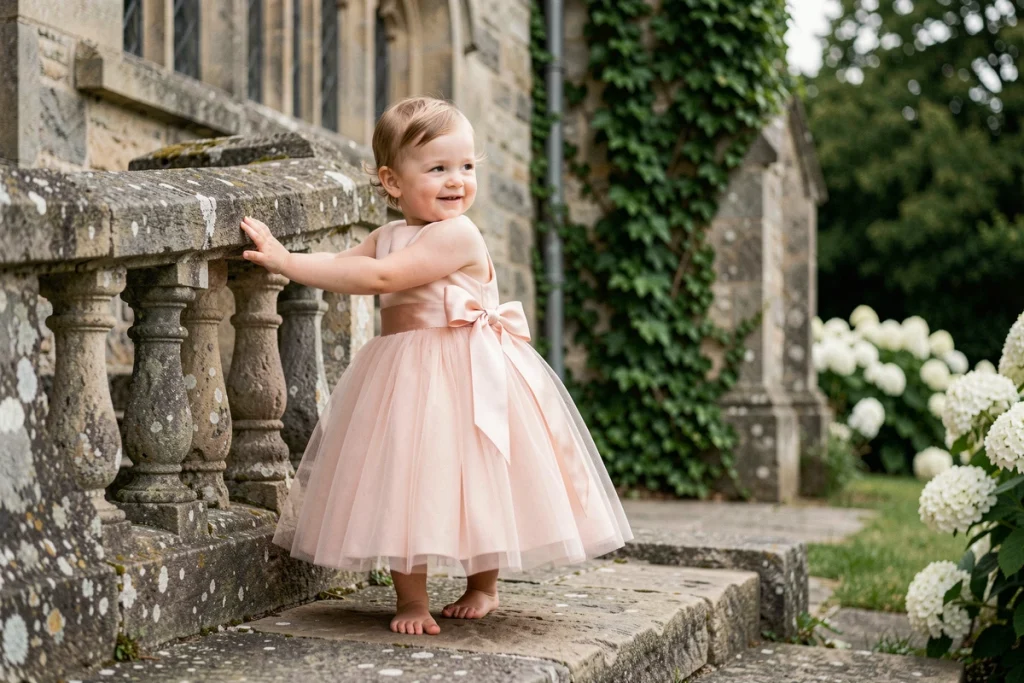 Petite fille en robe de fête en tulle rose poudré avec nœud satin devant une église en pierre, style cérémonie élégant