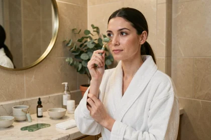 Femme appliquant un rouleau de jade sur son visage lors de sa routine soin quotidienne dans une salle de bain en marbre