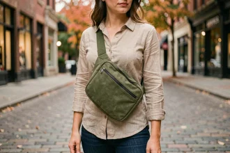 Femme portant une banane réglée sur les hanches avec une sangle ajustée, en milieu urbain en automne