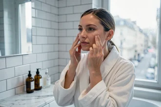 Femme appliquant un sérum protecteur sur son visage dans une salle de bain moderne, geste de soin de la peau contre la pollution urbaine