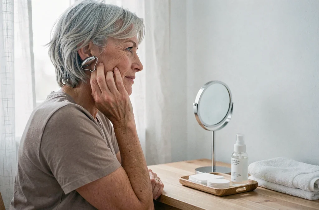 Femme mature massant son visage avec un rouleau inox devant un miroir grossissant dans une chambre scandinave épurée