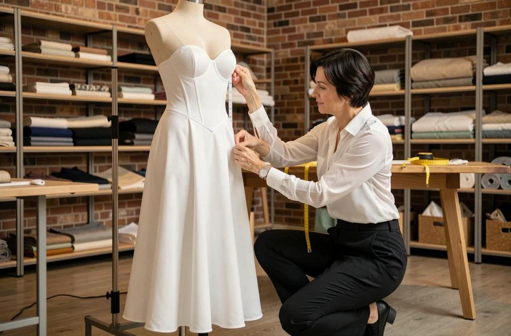 Styliste ajustant une robe bustier longue blanche sur un mannequin de couture dans un studio, conseils pratiques pour bien choisir sa morphologie