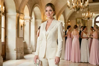 Femme invitée à un mariage portant un tailleur pantalon ivoire élégant dans un château français