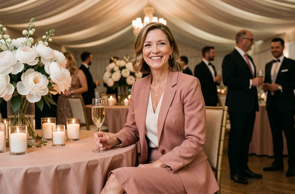 Femme en tailleur rose poudré assise à une table de réception de mariage avec champagne et fleurs