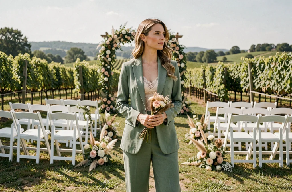 Femme en tailleur vert sauge à jambes larges dans un domaine viticole lors d'un mariage en plein air