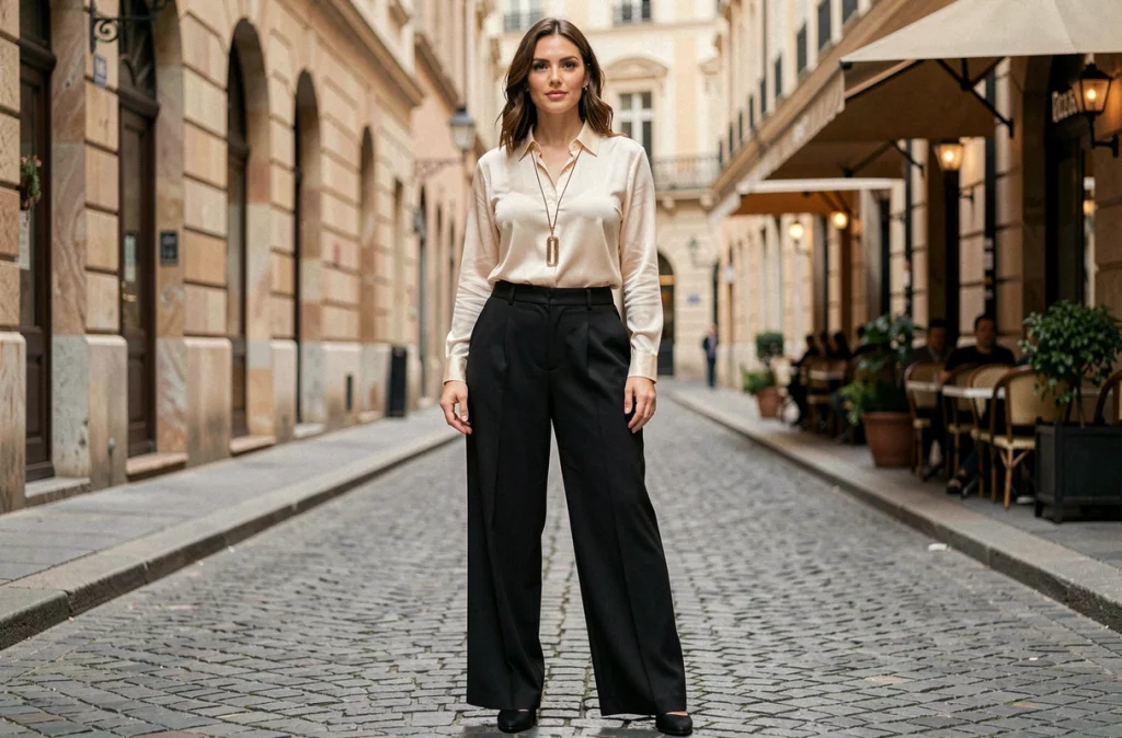 Femme ronde en pantalon taille haute et chemisier ivoire dans une rue européenne, tenue affinante avec effet de verticalité pour paraître plus élancée