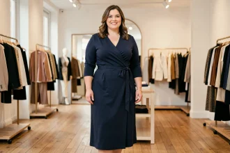 Femme ronde élégante en robe portefeuille bleu marine avec ceinture, posant dans une boutique parisienne pour illustrer les astuces de morphologie affinante