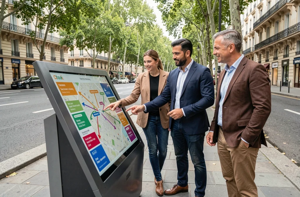 Groupe de touristes consultant une borne de plan interactif sur les Champs-Élysées pour repérer les magasins