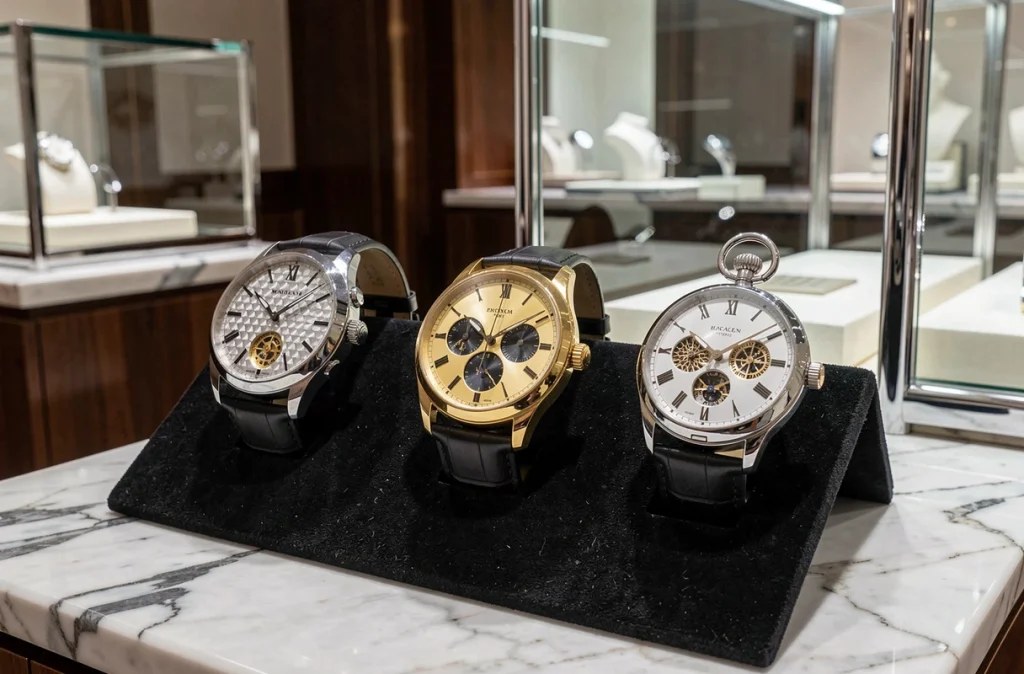 Trois montres de grand luxe exposées sur velours noir en boutique, complications minute répétitrice chronographe et grande complication