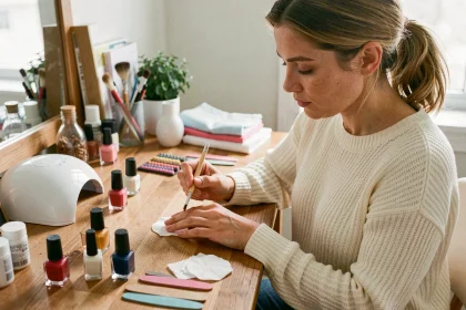 Femme appliquant du vernis semi-permanent à son domicile avec une lampe UV et des accessoires de manucure posés sur une table en bois