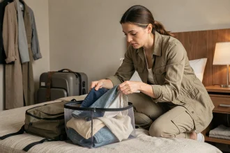 Femme rangeant ses vêtements sales dans un sac étanche lors d'un voyage, organisée et pratique dans une chambre d'hôtel neutre