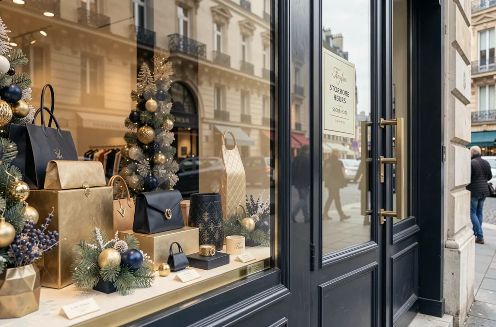 Vitrine d'une boutique de luxe sur les Champs-Élysées avec horaires d'ouverture et décoration soignée