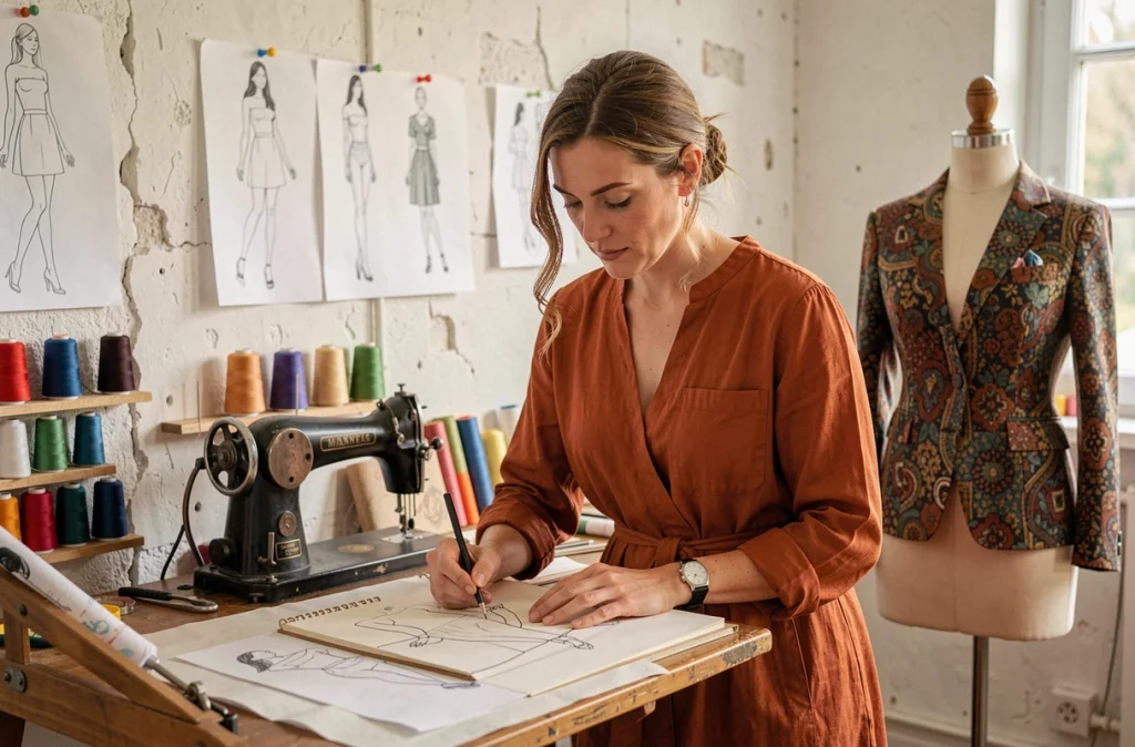 Amélie Diaz, créatrice et couturière sur mesure à Nantes, dessinant un patron à sa table à dessin dans son atelier créatif coloré