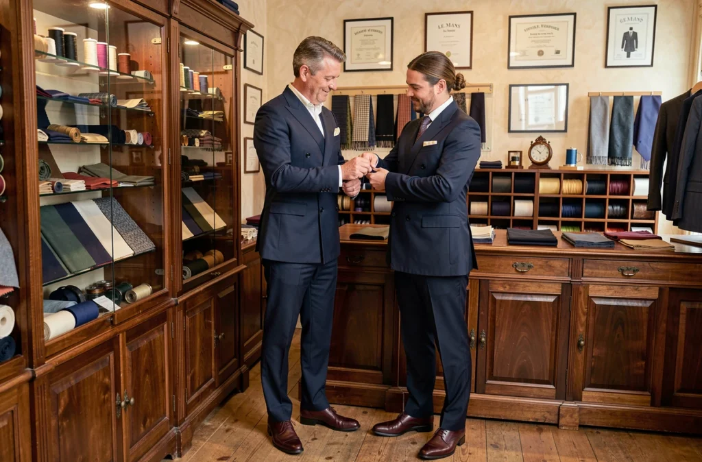 Un client en costume élégant échange avec un conseiller dans la boutique Bouvet Habilleur au Mans, institution mancelle du vêtement masculin haut de gamme et de la coupe soignée.