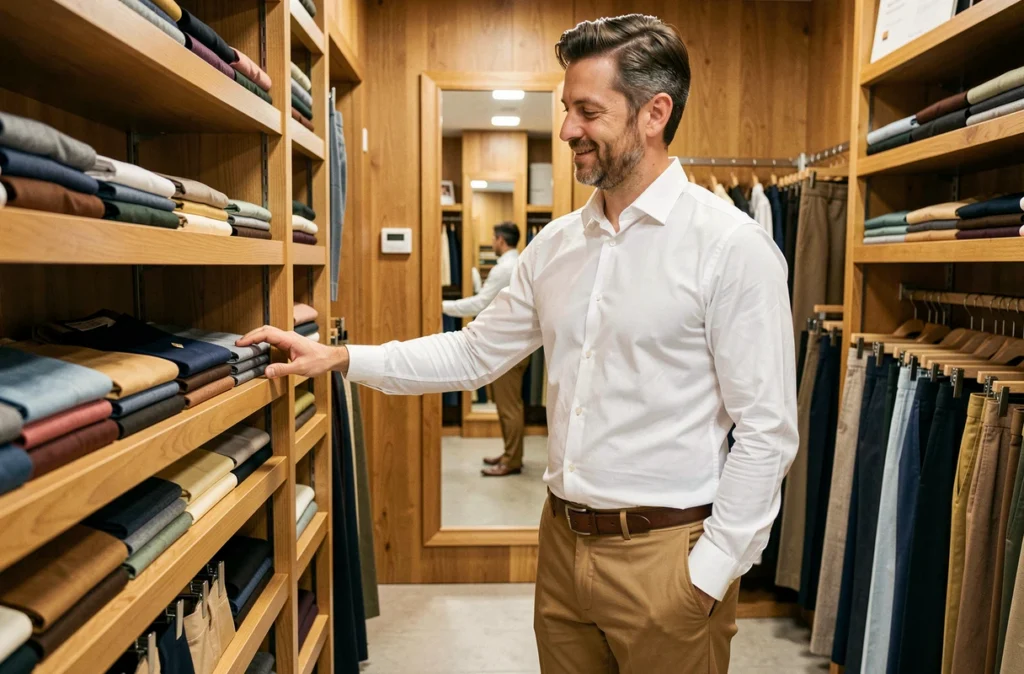 Un client essaie des pantalons soigneusement ajustés dans la boutique Dan Pantalon à Nantes, spécialiste nantais du pantalon homme sur mesure et prêt-à-porter.