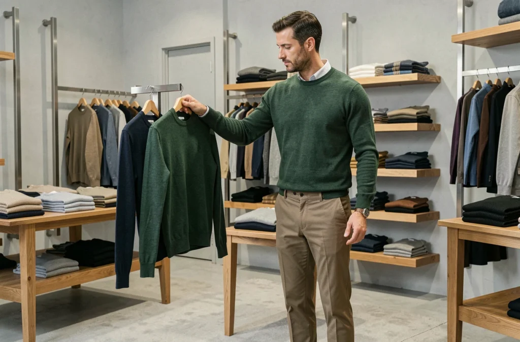 Un homme en pull en laine fine explore les collections de la boutique Gant Hommes au Mans, enseigne masculine proposant un vestiaire casual premium et des matières nobles.