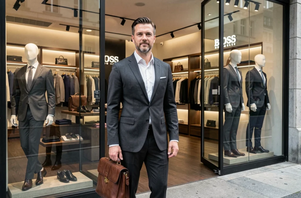 Un homme en costume Hugo Boss se tient à l'entrée de la boutique Hugo Boss à Nantes, enseigne de prêt-à-porter masculin haut de gamme incontournable de la ville.