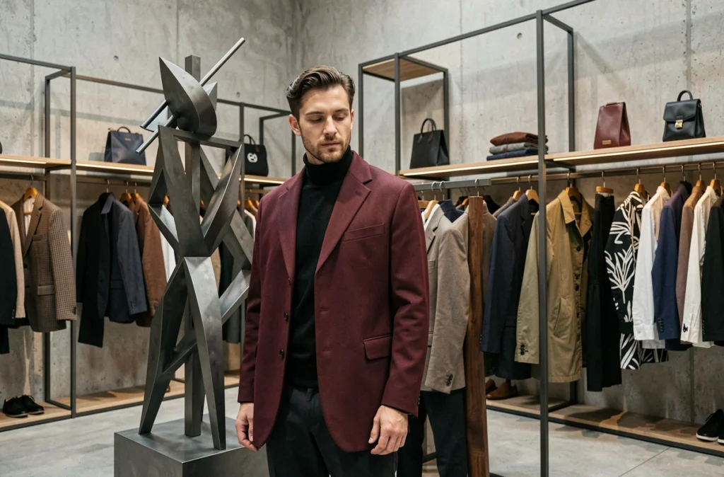 Un homme au style affirmé explore la sélection avant-gardiste de la boutique Masse à Nantes, enseigne masculine au positionnement créatif et contemporain.