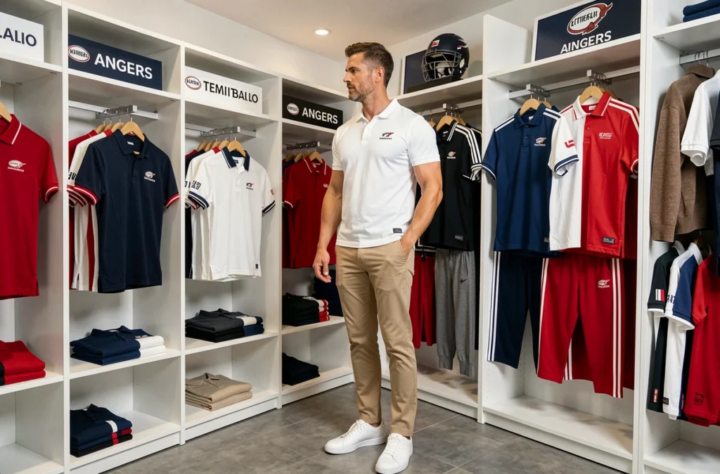 Un homme sportif et décontracté découvre les polos et collections casual de la boutique Serge Blanco à Angers, marque française inspirée du rugby et du lifestyle masculin.