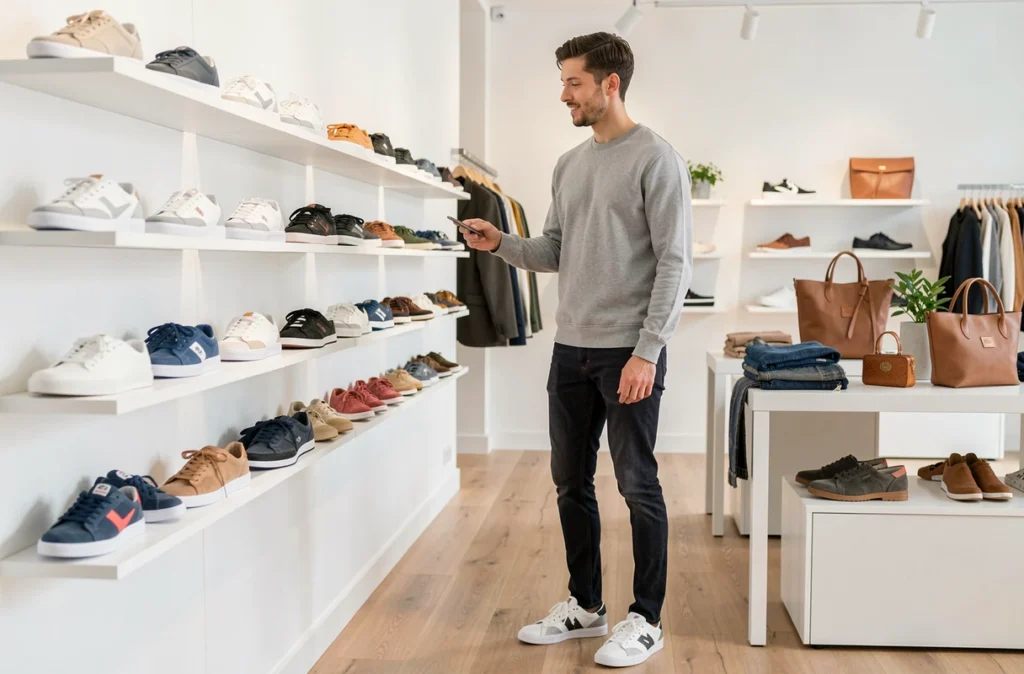 Un jeune homme examine des sneakers TBS dans la boutique TBS à Nantes, marque française de chaussures et de lifestyle masculin casual avec une forte présence dans les Pays de la Loire.