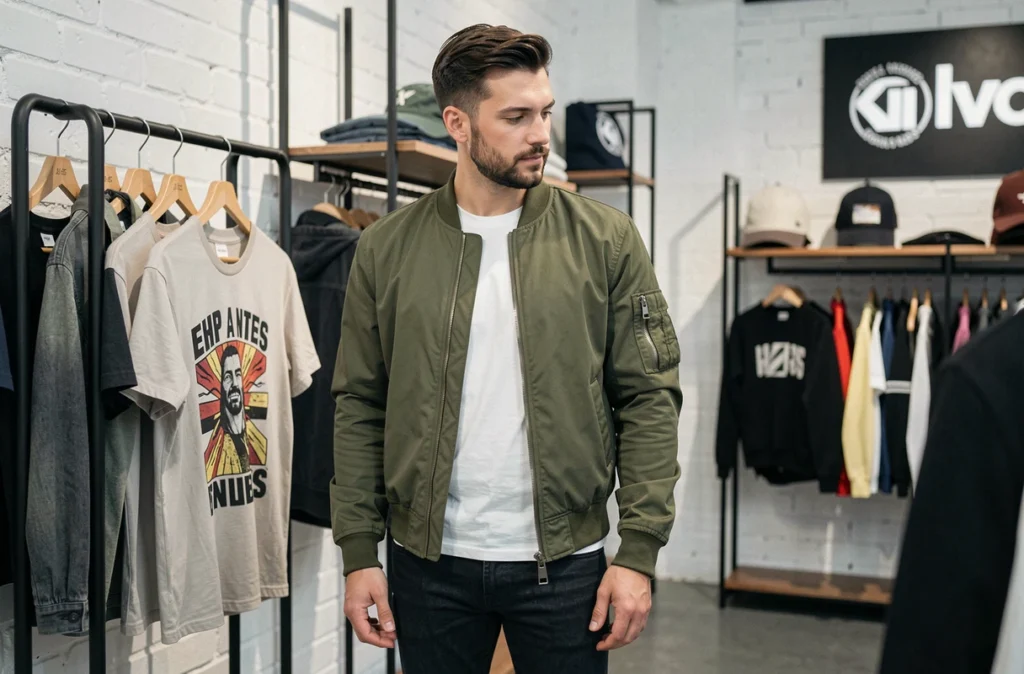 Un client examine des pièces streetwear dans la boutique Transfert à Nantes, spécialisée dans la mode masculine contemporaine et les marques tendance.