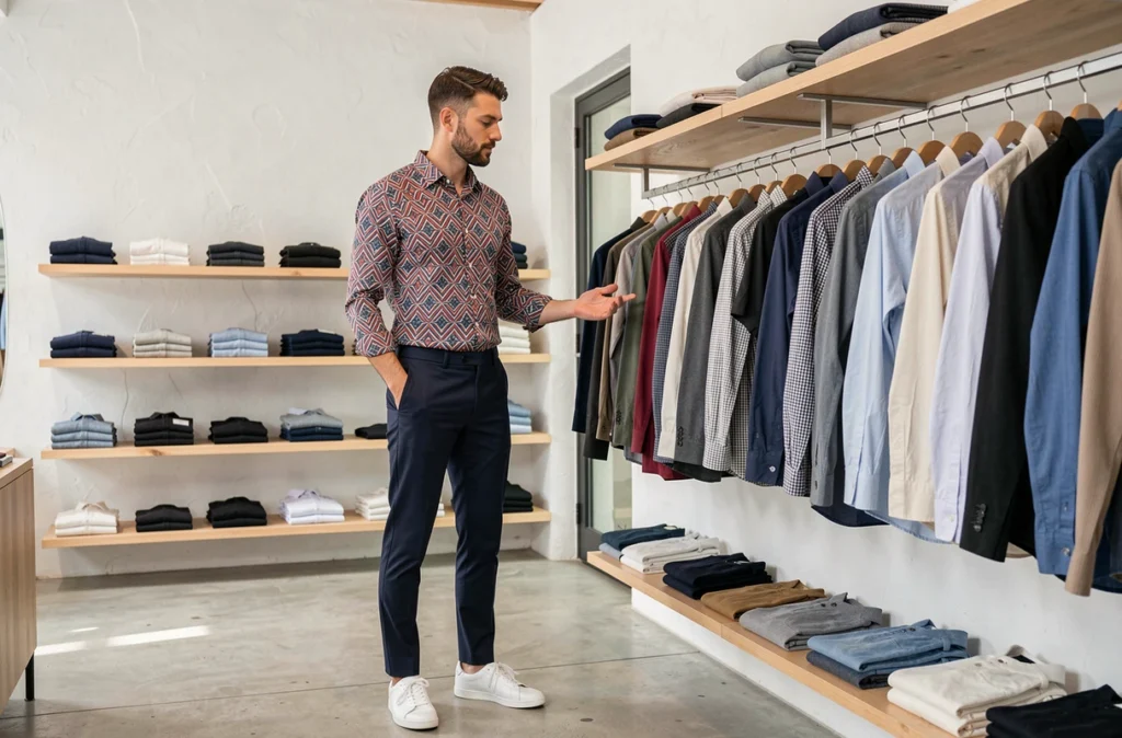 Un homme parcourt la sélection de chemises et accessoires dans la boutique XY Boutique à Angers, enseigne masculine contemporaine proposant un vestiaire casual et smart-casual.