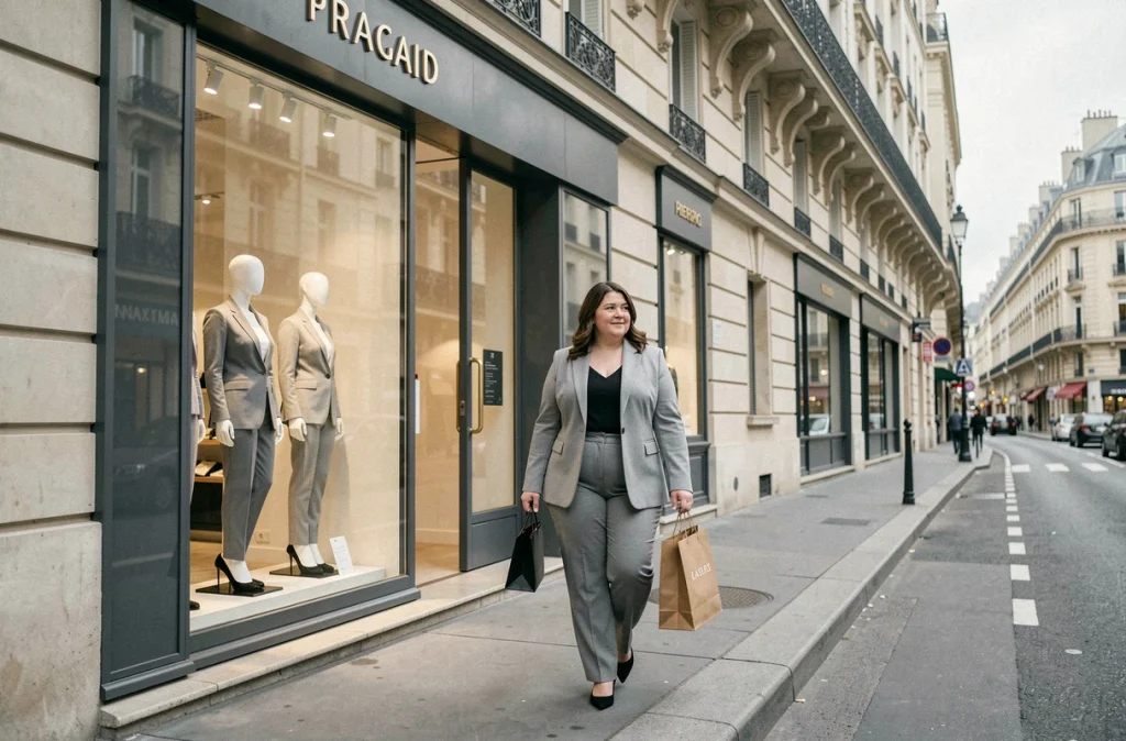 Une femme grande taille élégante sortant de la boutique Cazak dans le 8e arrondissement de Paris avec un sac shopping