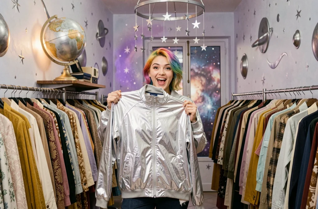 Cliente admirant une veste métallisée dans la boutique CosmosVintage à Aix-en-Provence avec décor spatial