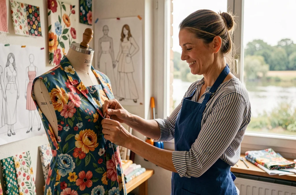Couturière créative de Cost'Art à Chalonnes-sur-Loire épinglant un tissu coloré sur un mannequin dans son studio artistique