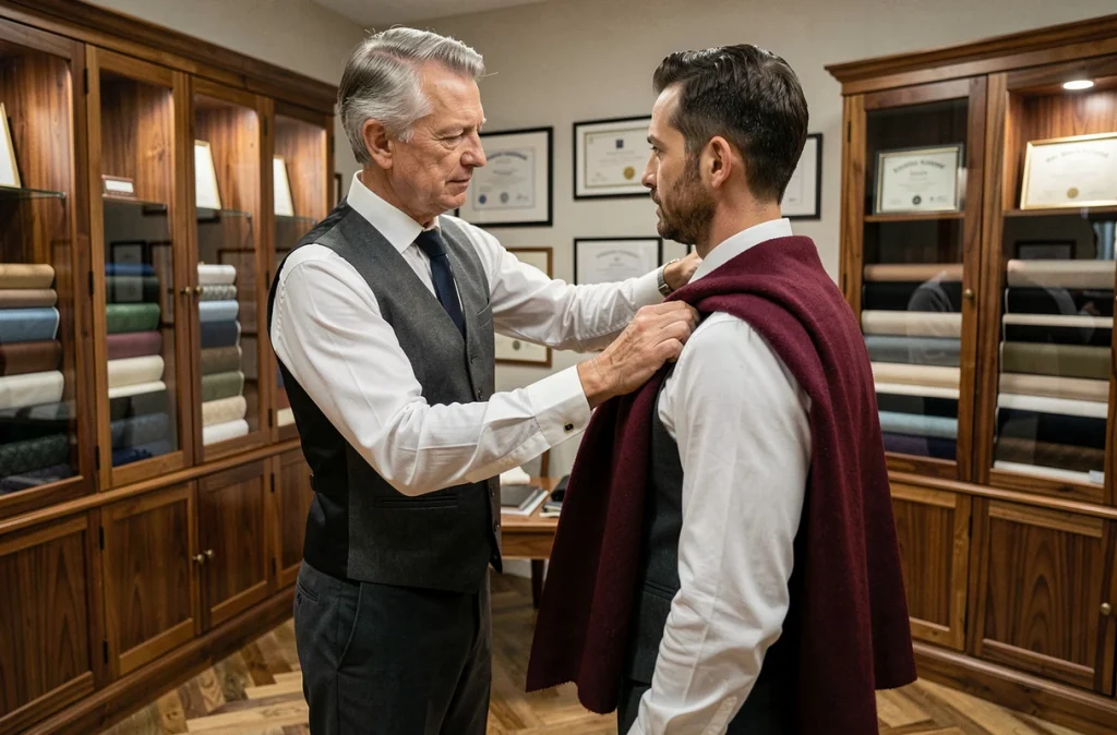 Maître tailleur de Costumora à Angers drapant un cachemire bordeaux sur un client lors d'un essayage haut de gamme dans un atelier en noyer