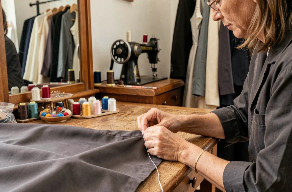 Spécialiste en retouche et sur-mesure de Coup de Ciseaux à Nantes cousant à la main l'ourlet d'une robe formelle dans son atelier