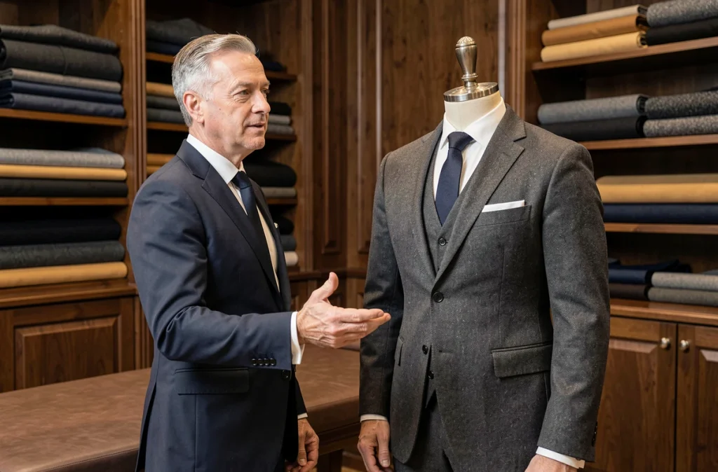 Spécialiste du costume homme Dr Tailleur à Nantes présentant un veston sur mesure sur un mannequin dans son atelier élégant en bois sombre