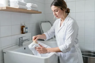 Femme entretenant une blouse blanche médicale en la lavant à la main dans un évier en céramique
