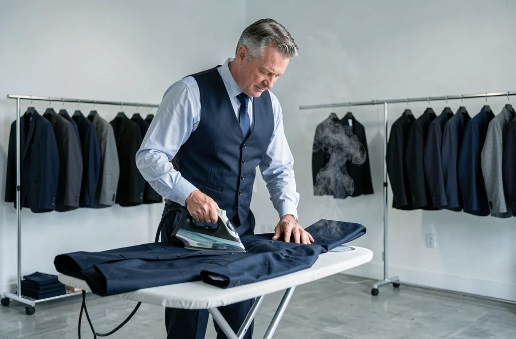 Tailleur de First'On à Laval en Mayenne repassant la manche d'un costume sur mesure dans un atelier moderne et épuré