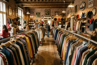 Intérieur d'une friperie typique des Bouches-du-Rhône avec des portants chargés de vêtements vintage colorés