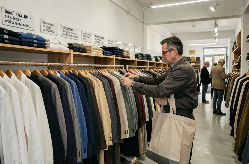 Intérieur organisé du magasin Humana Vintage dans le 6e arrondissement de Marseille avec portants triés par couleur