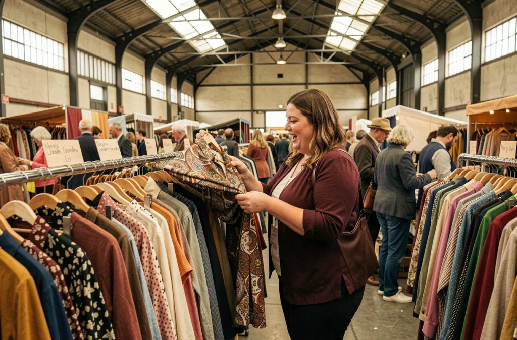 Une femme grande taille fouillant des vêtements de seconde main grande taille lors de La Grosse Séance au Mercato Beaubourg à Paris