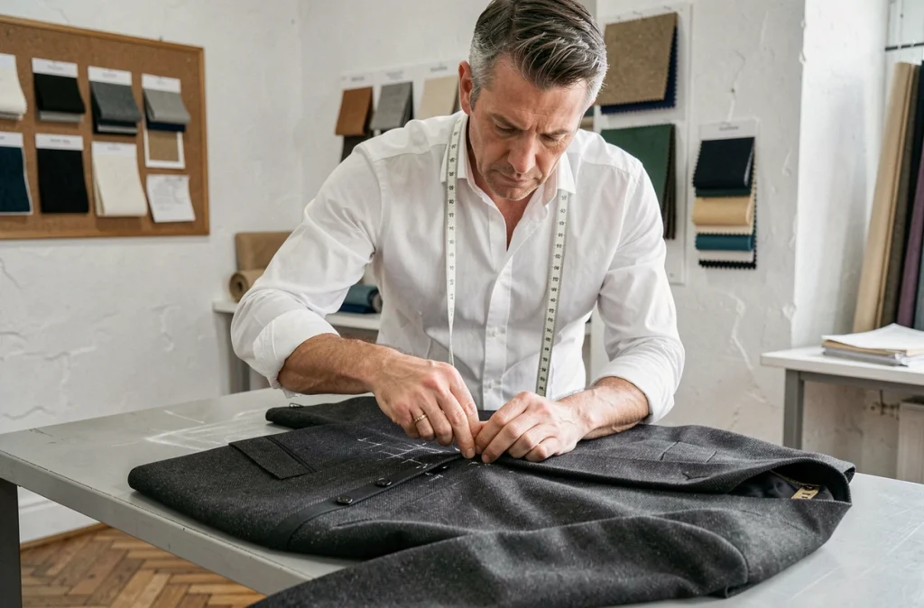 Tailleur sur mesure du 87 au Mans marquant au craie un veston en laine sur une table de coupe dans son atelier